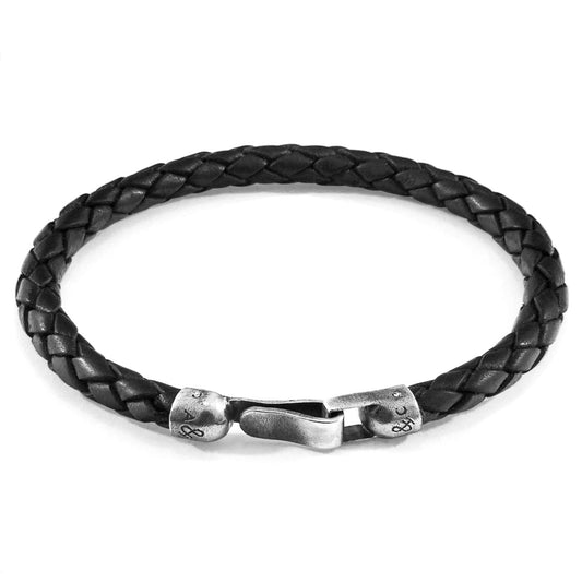 .925 Sterling Silver and Midnight Black Braided Leather Bracelet