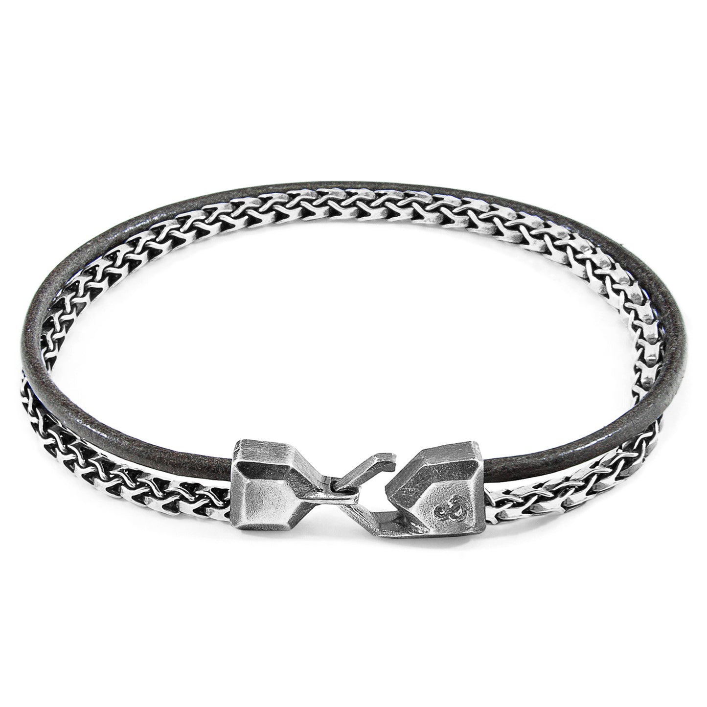 .925 Sterling Silver and Shadow Grey Round Leather Bracelet